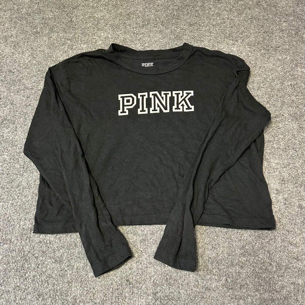 PINK Shirt Womens Size M Black Long Sleeve Crop Top Logo Graphic Relaxed Fit